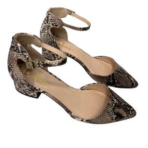 Lulus Lucinda Beige and Brown Snake Embossed Ankle Strap Pumps Size 7.5